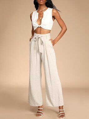Lulus Trend Alert Beige Belted High-waisted Wide-leg Pants - Size M